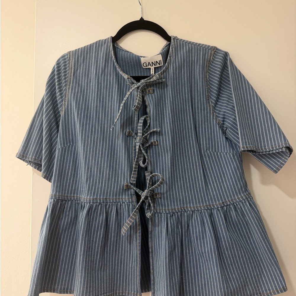 GANNI Light Stripe Denim Peplum Blouse - Picture 2 of 3